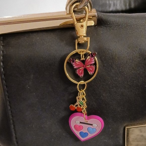 Gold Tone Butterfly and Pink Heart Palette Key Ring Purse Charm - Picture 2 of 3